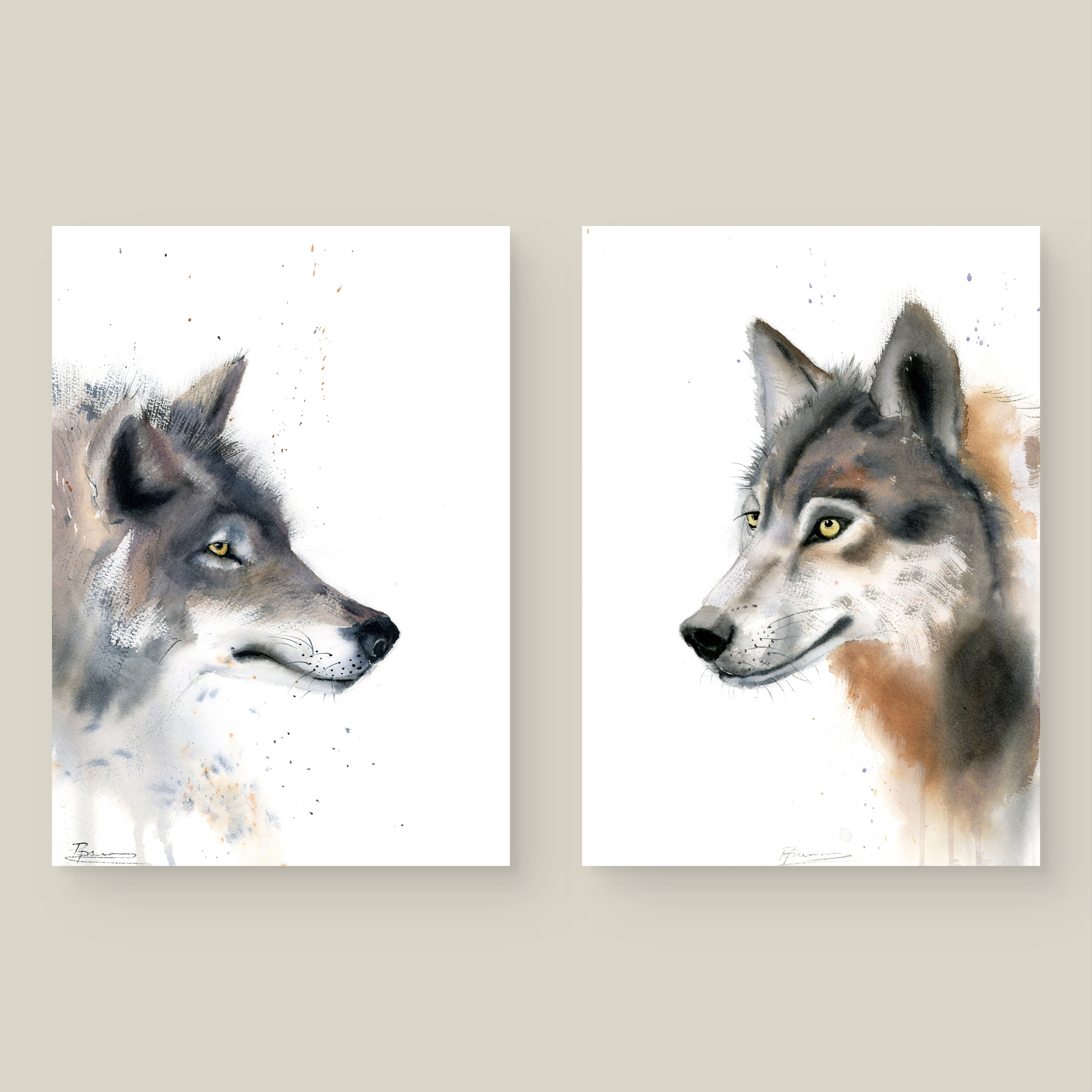 Illustrative Animal Watercolour By Olga Tchefranov (Shefranov), 20 X 14", Wolf - Diptych, Original Artwork