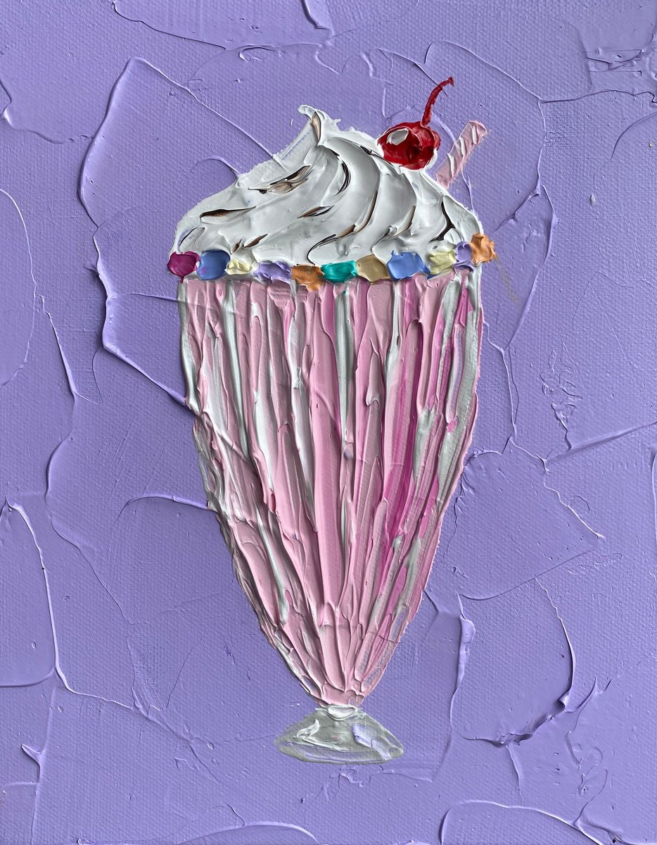 Impressionistic Still Life Acrylic Painting By Guzaliya Xavier, 8 X 10, Strawberry Milkshake On Purple, Original Artwork