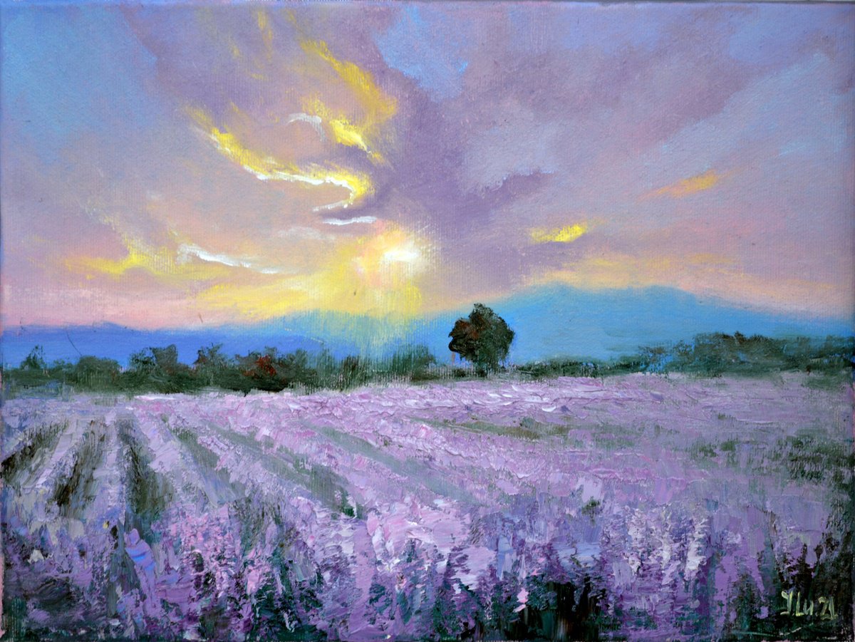 Impressionistic Landscape Oil Painting By Elena Lukina, 16 X 12, Evening Lavender Scent, Original Artwork