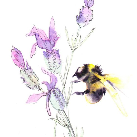 Bumble bee Painting, Bee painting, Bee on french lavender, minimalist, miniature art, contemporary art