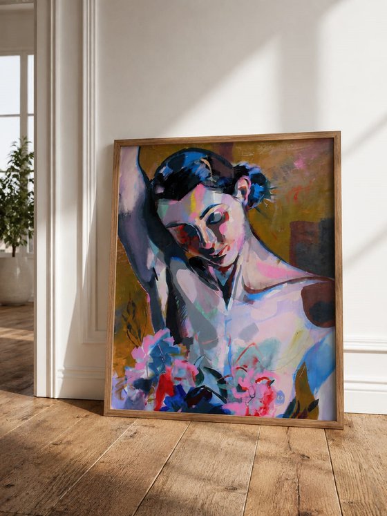 In the Shadow Girl with peonies