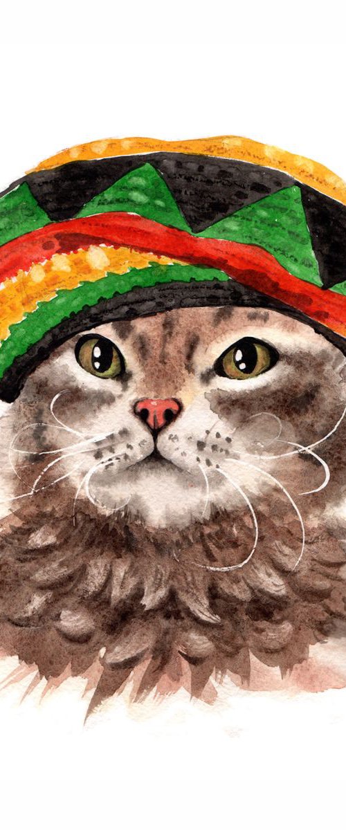Rastafarian Cat by Olga Beliaeva Watercolour