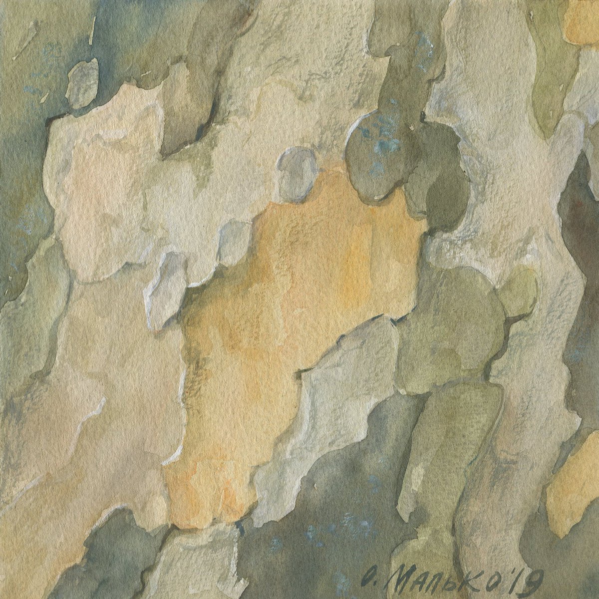 Big routes of little insects #1. Sycamore tree bark / Original watercolor Small size by Olha Malko