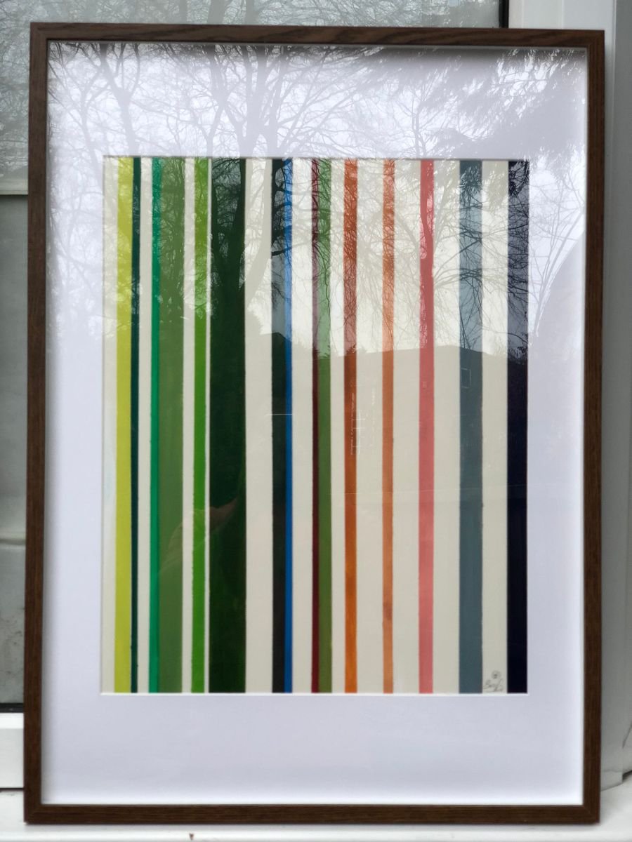 Geometric Abstract Acrylic Painting By Shabs Beigh, 20 X 28", Japanese Hues, Original Artwork