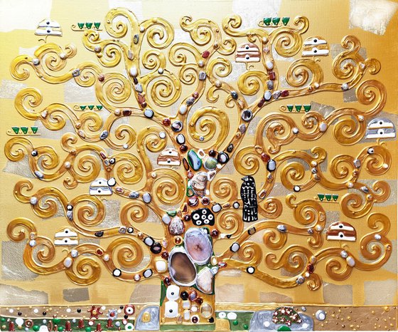 Tree of life Gustav Klimt. Precious stones golden relief painting