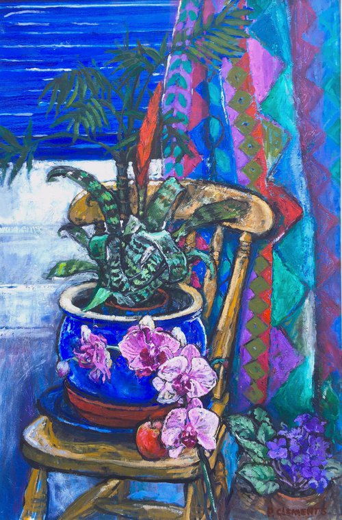 ORCHIDS, AFRICAN VIOLETS WITH HARLEQUIN CURTAINS STILL LIFE LARGE by Patricia Clements