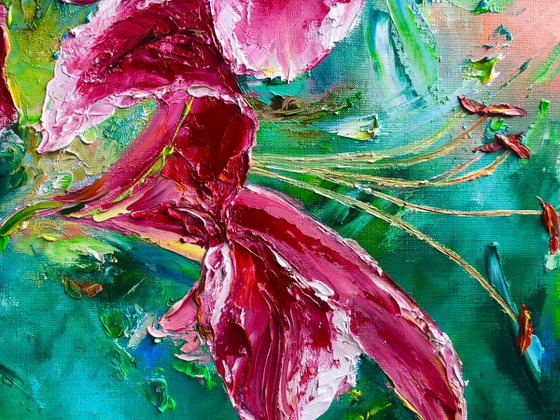 LUXURIOUS INFLORESCENCES OF LILIES - Bright landscape. Large buds. Pink lilies. Floral abstraction. Macro flowers. Blooming. Graceful.