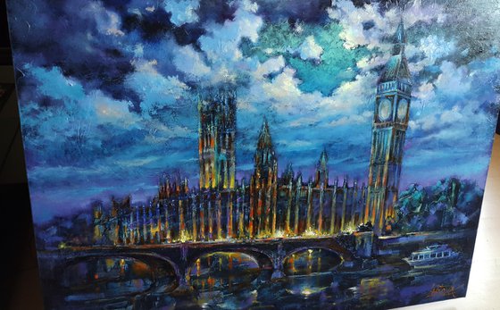 Moonlit Night - London, landscape original oil painting