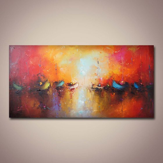Shadows in a red sky, Abstract painting, Sailboats Painting