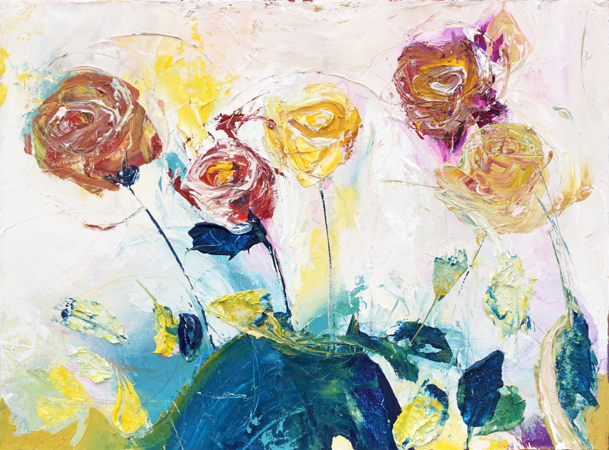 Abstract Oil Painting By Jelena B, 16 X 12, Winter Roses 40X30Cm/16X12In, Original Artwork