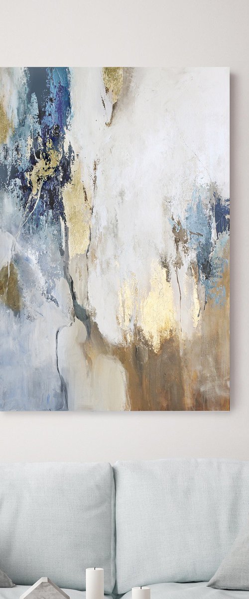 "Blue Flow" Abstract blue gold brown art by Yana Sagan
