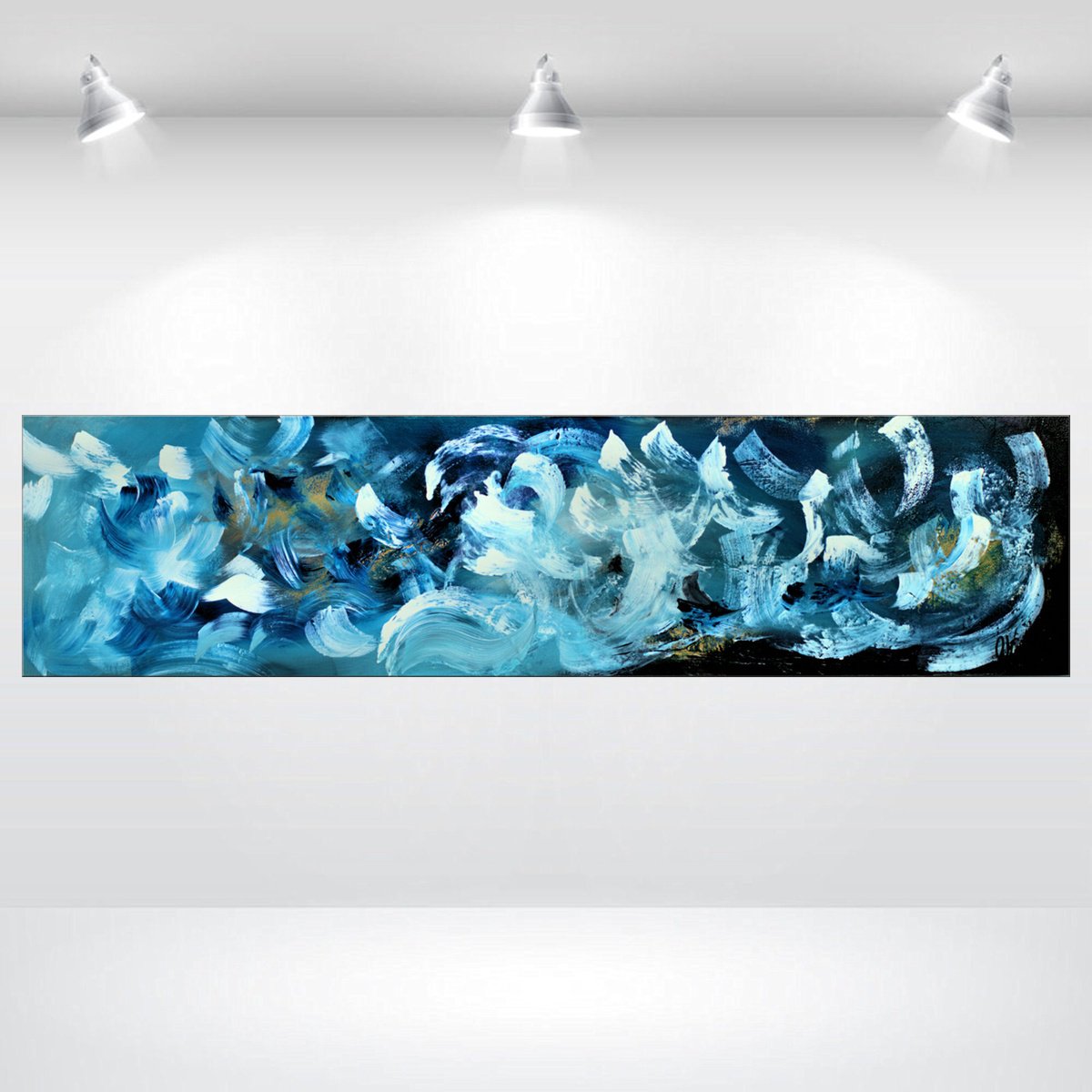 Abstract Acrylic Painting By Edelgard Schroer, 47 X 12, White Feathers, Original Artwork
