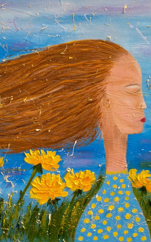 Dandelion Painting Portrait Original Art Female Portrait Painting Girl Portrait Oil Canvas Artwork Ready to Hang Home Wall Art 24 by 16" by Halyna Kirichenko by Halyna Kirichenko
