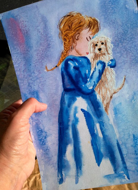 Girl and Dog Painting Portrait Original Art Girl and Puppy Small Watercolor Artwork Home Wall Art 8 by 12" by Halyna Kirichenko