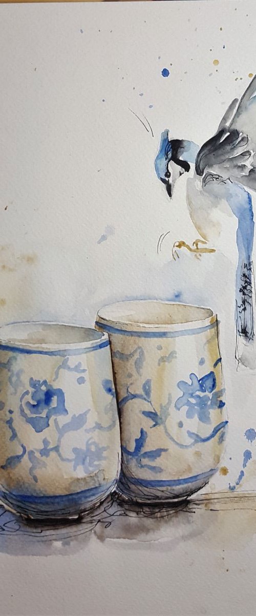 茶の湯 - Chanoyu with blue jay by Simon Tünde