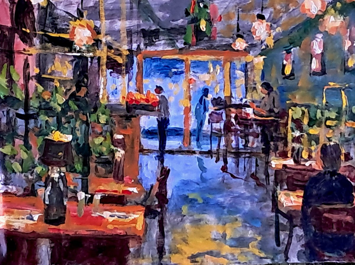  Cafe In The Evening By Dimitris Voyiazoglou, 20 X 17, Artwork For Sale On Artfinder