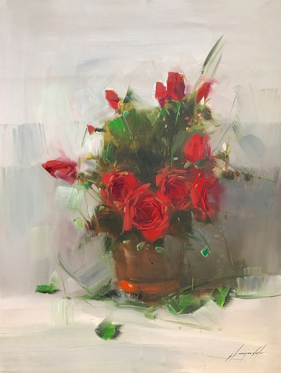 Vase of Roses, Oil painting, One of a kind, Signed, Handmade artwork