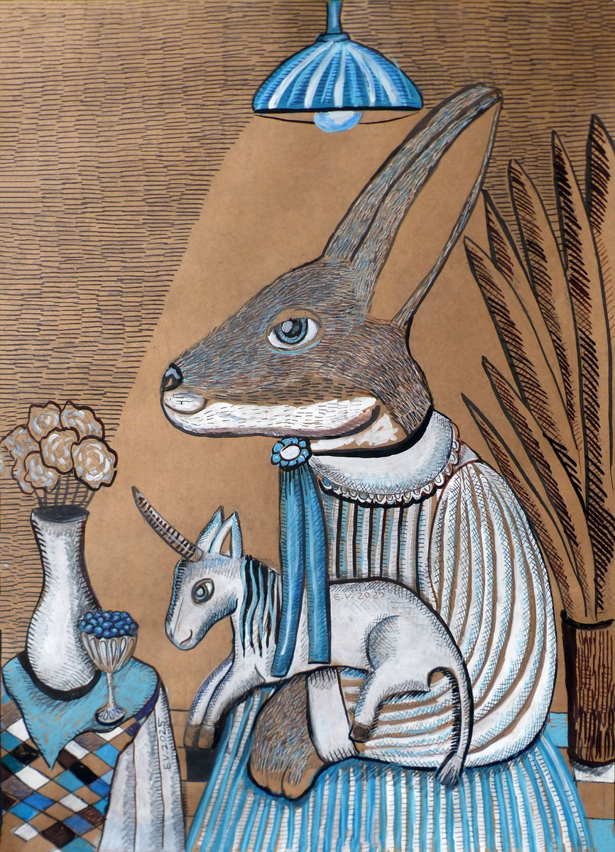 Surrealistic Animal Drawing By Elizabeth Vlasova, 20 X 27, Lady With Unicorn, Original Artwork