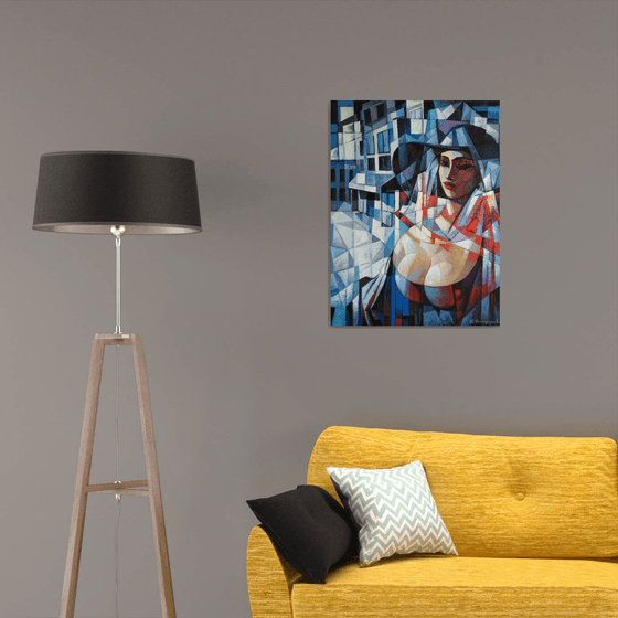 Girl in the hat (60x80cm, cubism, oil painting, ready to hang)