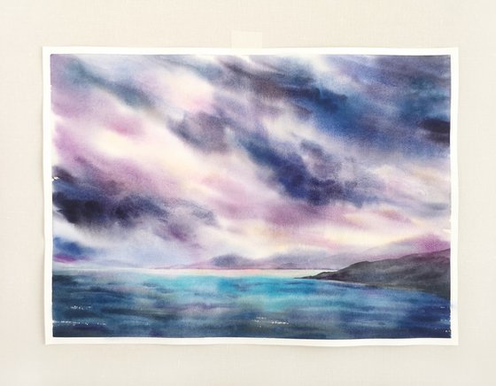 Impressionist sea and sky, landscape watercolor painting