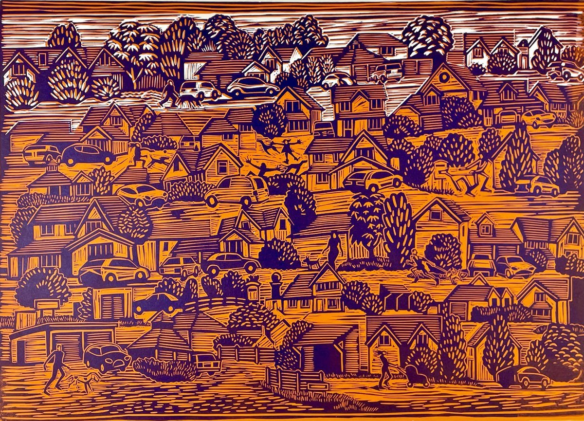 Graphic Cityscapes Linocut By Mark Howard Jones, 20 X 14", Evening Walk, Original Artwork