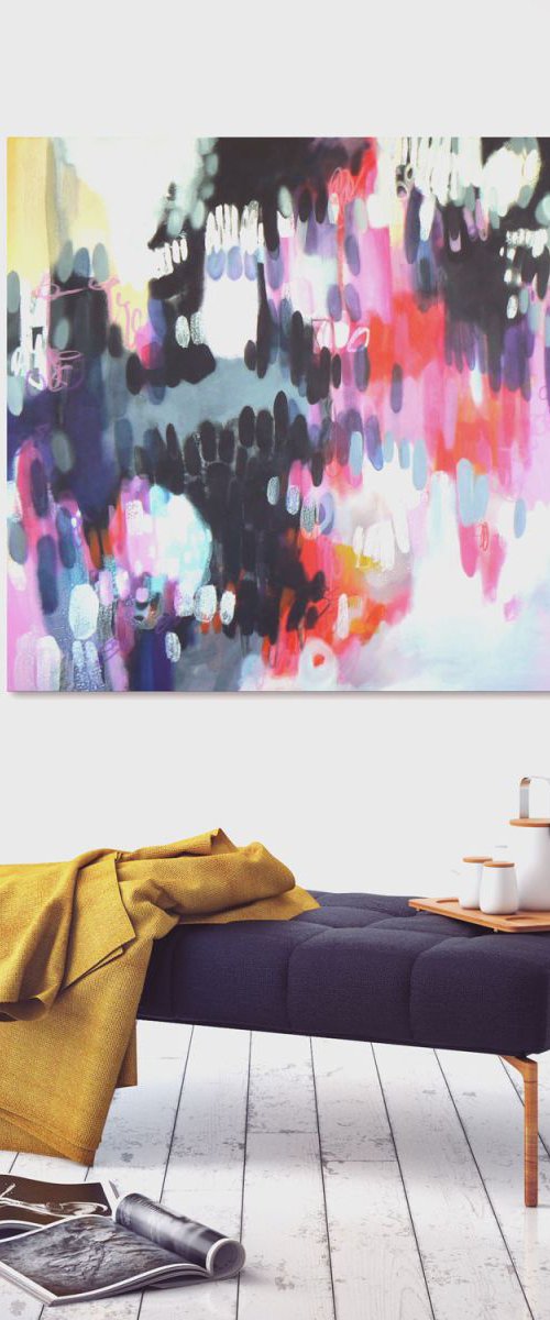 Blowing kisses (Large colourful abstract painting) by Carolynne Coulson