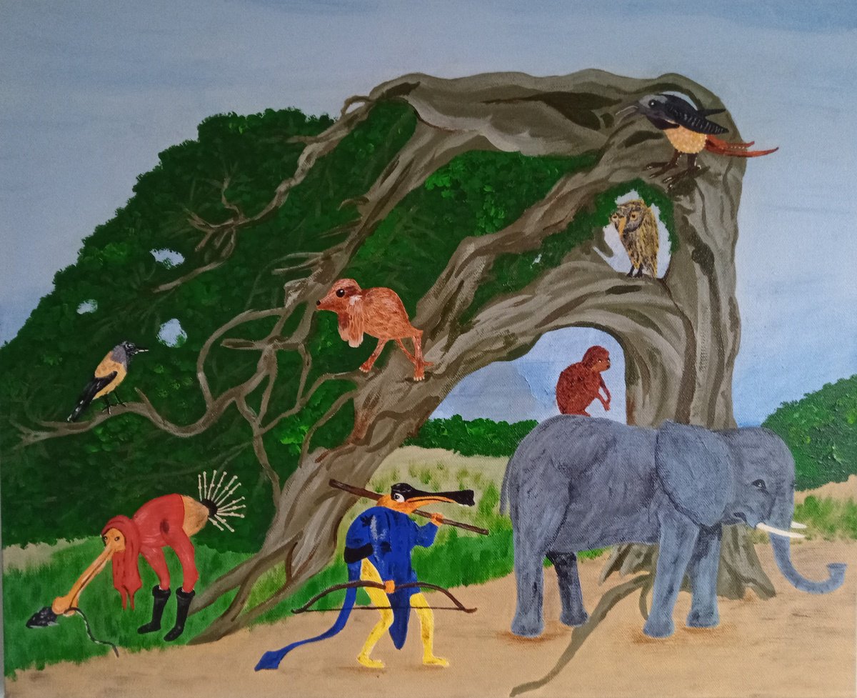 Naive Animal Acrylic Painting By Corinne Hamer, 22 X 18, The Juniper Tree, Original Artwork