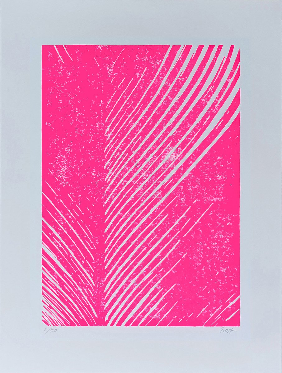 Neon pink palm leaf ⋅ Linocut print Linocut by Mirta Artworks | Artfinder