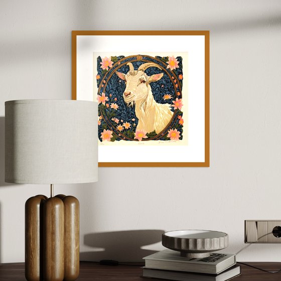 Goat – reduction linocut print