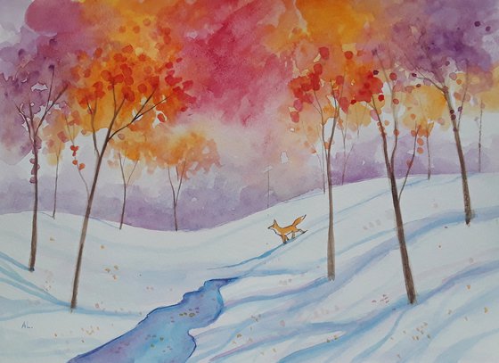 Fox in the winter wood - Autumn colours - Snow Scene