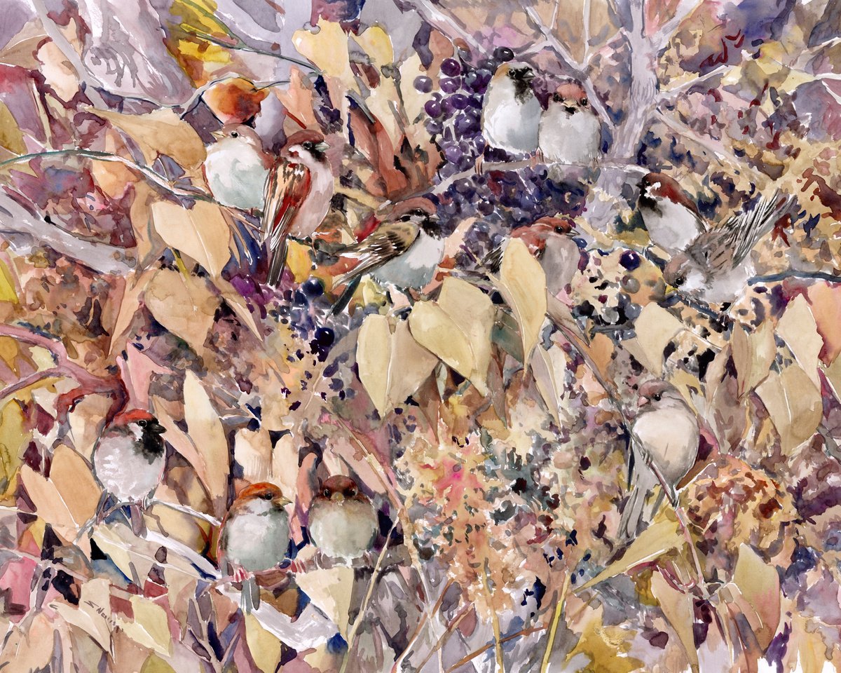 Animal Watercolour By Suren Nersisyan, 28 X 22", Sparrows In The Fall, Original Artwork