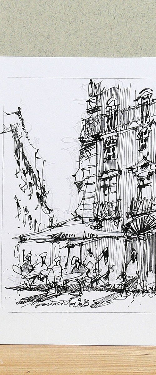 Lisbon, Street scene drawing. by Marin Victor