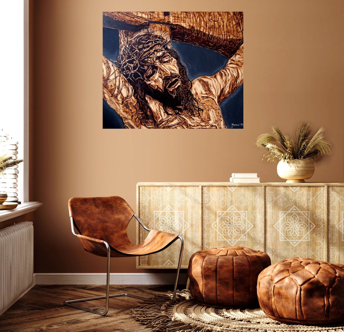 Expressive Portrait Painting By Milis Pyrography, 24 X 20", Crucifixion, Original Artwork