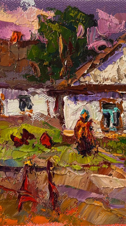 Pink sunset over the village by Kalenyuk Alex