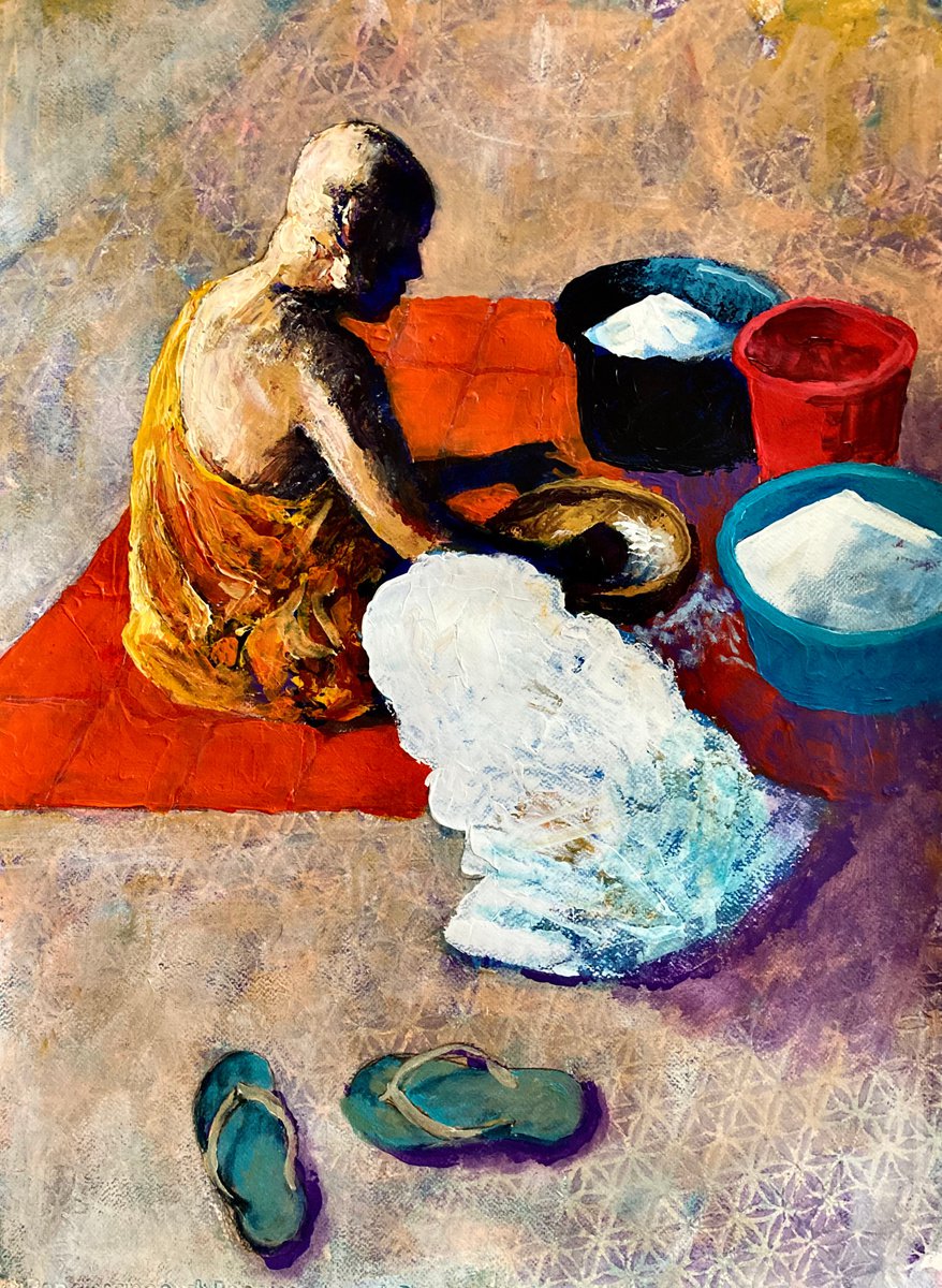 Monk sifts rice by John Cottee