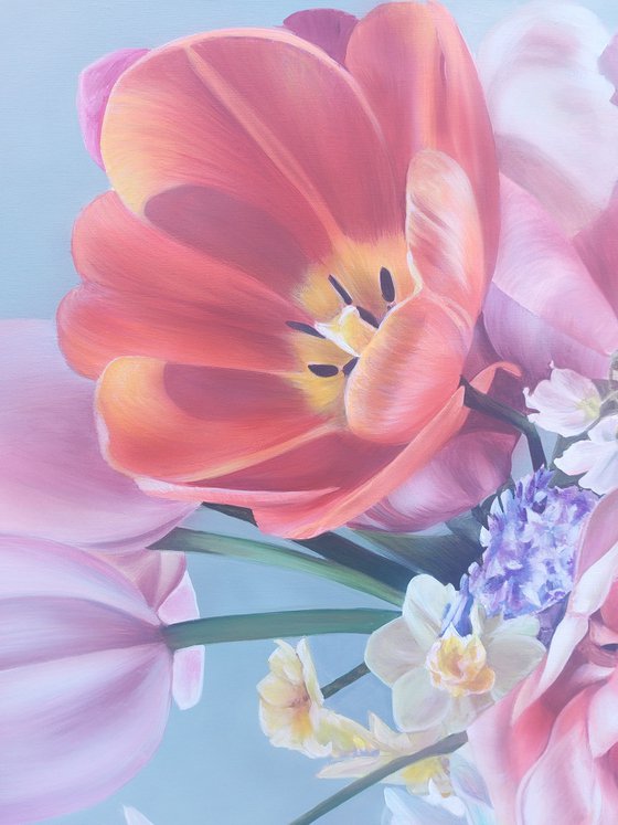 Flowers painting,  tulips art, hyperrealism painting