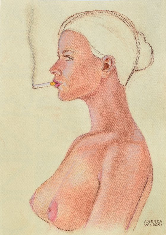 Naked woman in profile smoking