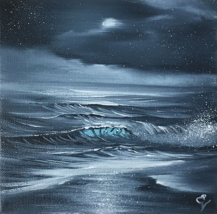 Night Surf Full Moon Over The Ocean Painting Artfinder