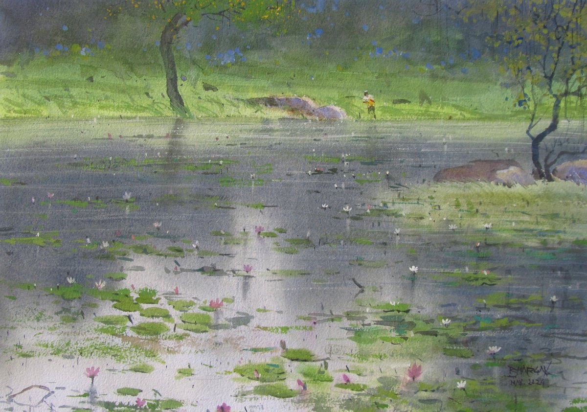 Impressionistic Landscape Watercolour By Bhargavkumar Kulkarni, 18 X 12, Water Lilies 3, Original Artwork