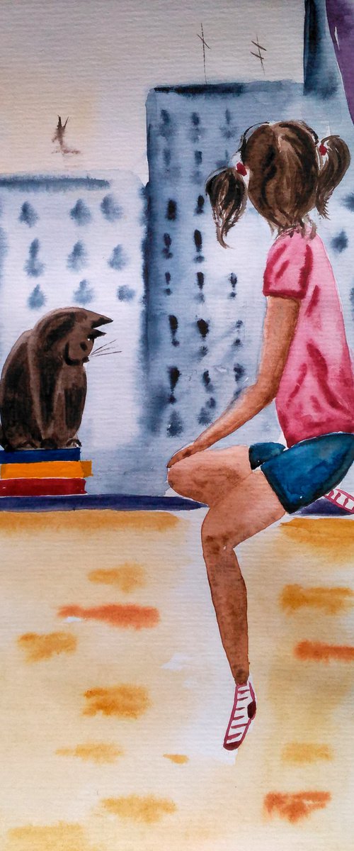 Little girl and cat original watercolor painting" Best friends" by Halyna Kirichenko