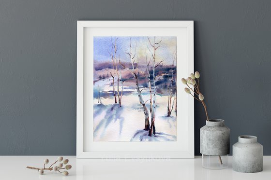 Birches in winter, watercolor forest landscape, snow and trees