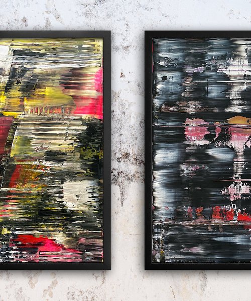 "Up To No Good" - FREE USA SHIPPING + Save As A Series - Original PMS Abstract Diptych Oil and Acrylic Paintings On Plexiglass, Framed - 52" x 26" by Preston M. Smith (PMS)