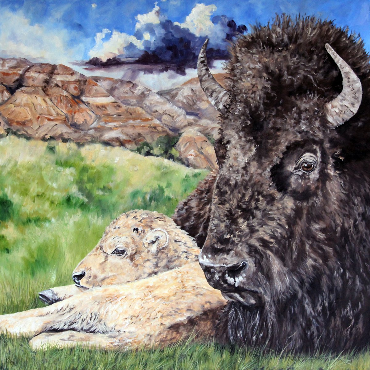 A Mothers Watchful Eye - Wildlife - Bison - Landscape by Katrina Case