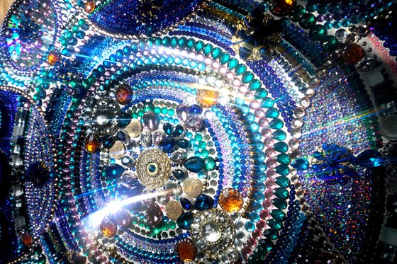 SPACE - decorative wall sculpture of rhinestones, mirrors, crystals. Turquoise blue abstract painting