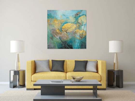 WATER LILIES | PAINTING ACRYLIC, CHARCOAL, CHALK, VARNISH ON CANVAS