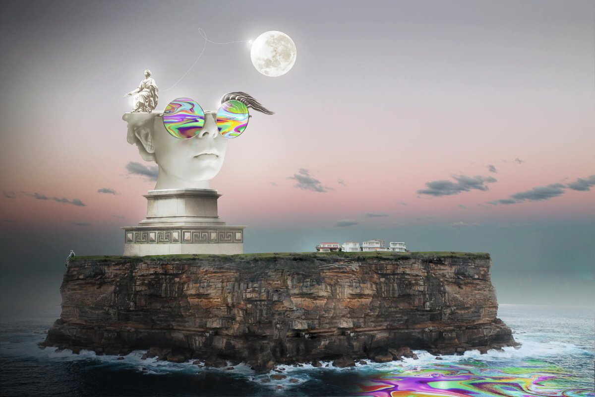 Surrealistic Transport Print By Vanessa T Stefanova, 24 X 16", Island With Statue, Original Artwork