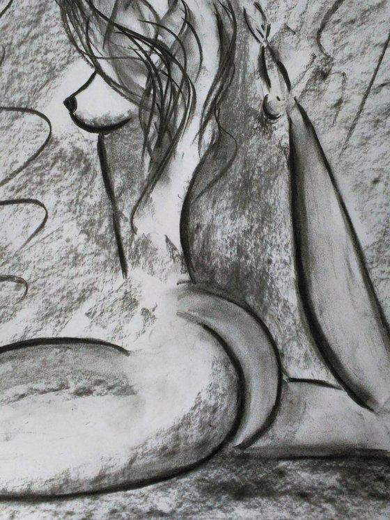 Nude Painting Yoga Girl Original Art Woman Nude Drawing Female Nude Charcoal Wall Art 13 by 18 inches