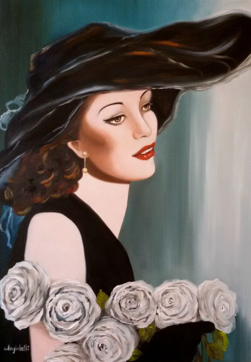 Photorealistic Portrait Oil Painting By Anna Rita Angiolelli, 20 X 28, Fashion Vintage, Original Artwork