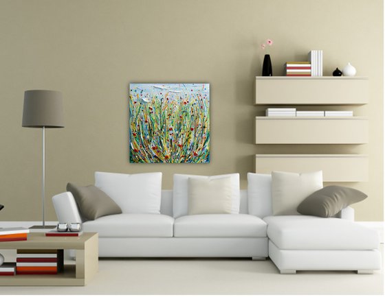 Poppy Meadow - Wildflower field Painting, Textured Wall Art