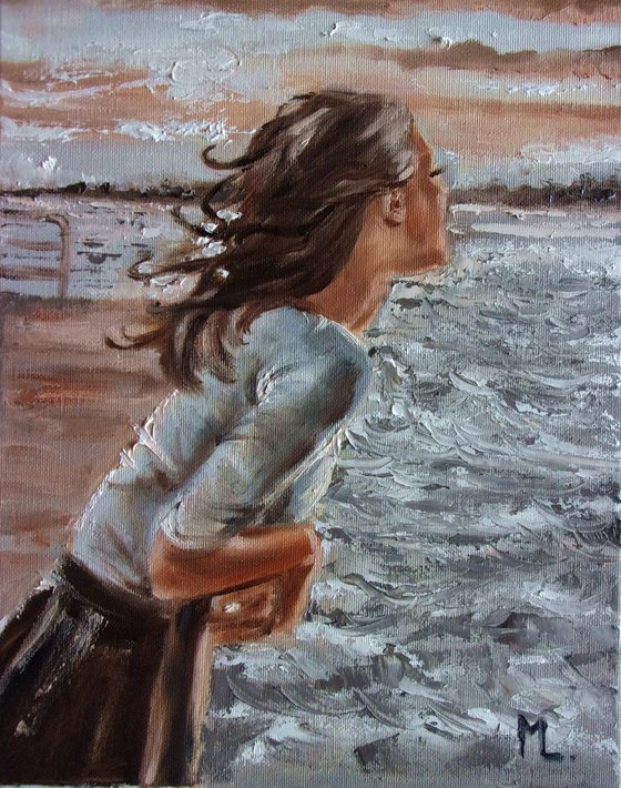 " WIND ... " original painting SEA SUMMER palette knife GIFT